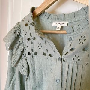 Blu Pepper eyelet flutter sleeve blouse in sage green
